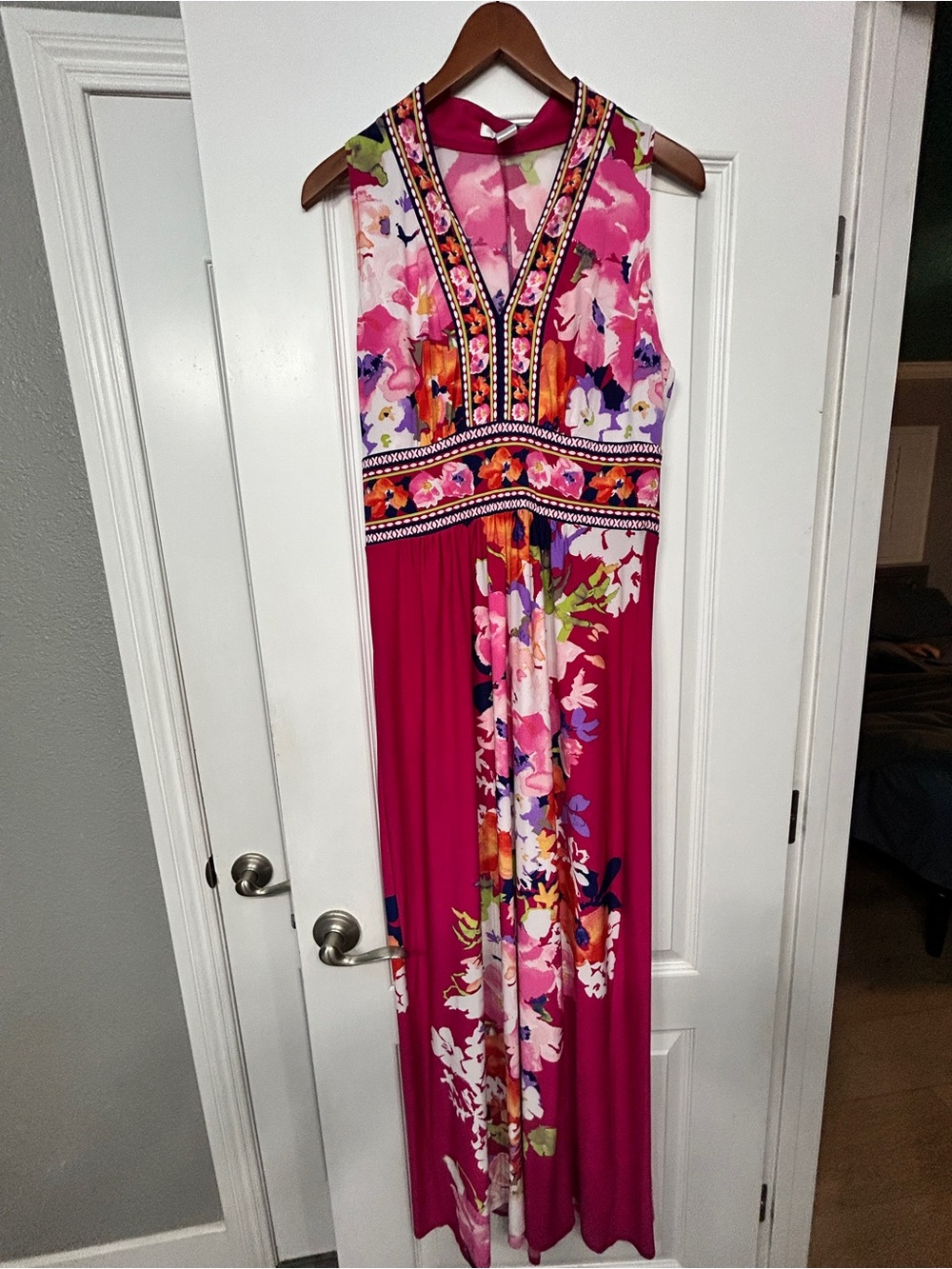 London Times Fuchsia Floral V-Neck Maxi Jumpsuit Size 10